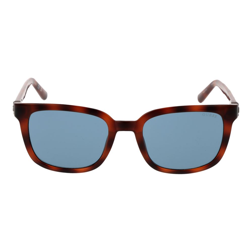 Tortoise brown plastic square sunglasses with blue lenses and metal logo on temples, Unisex