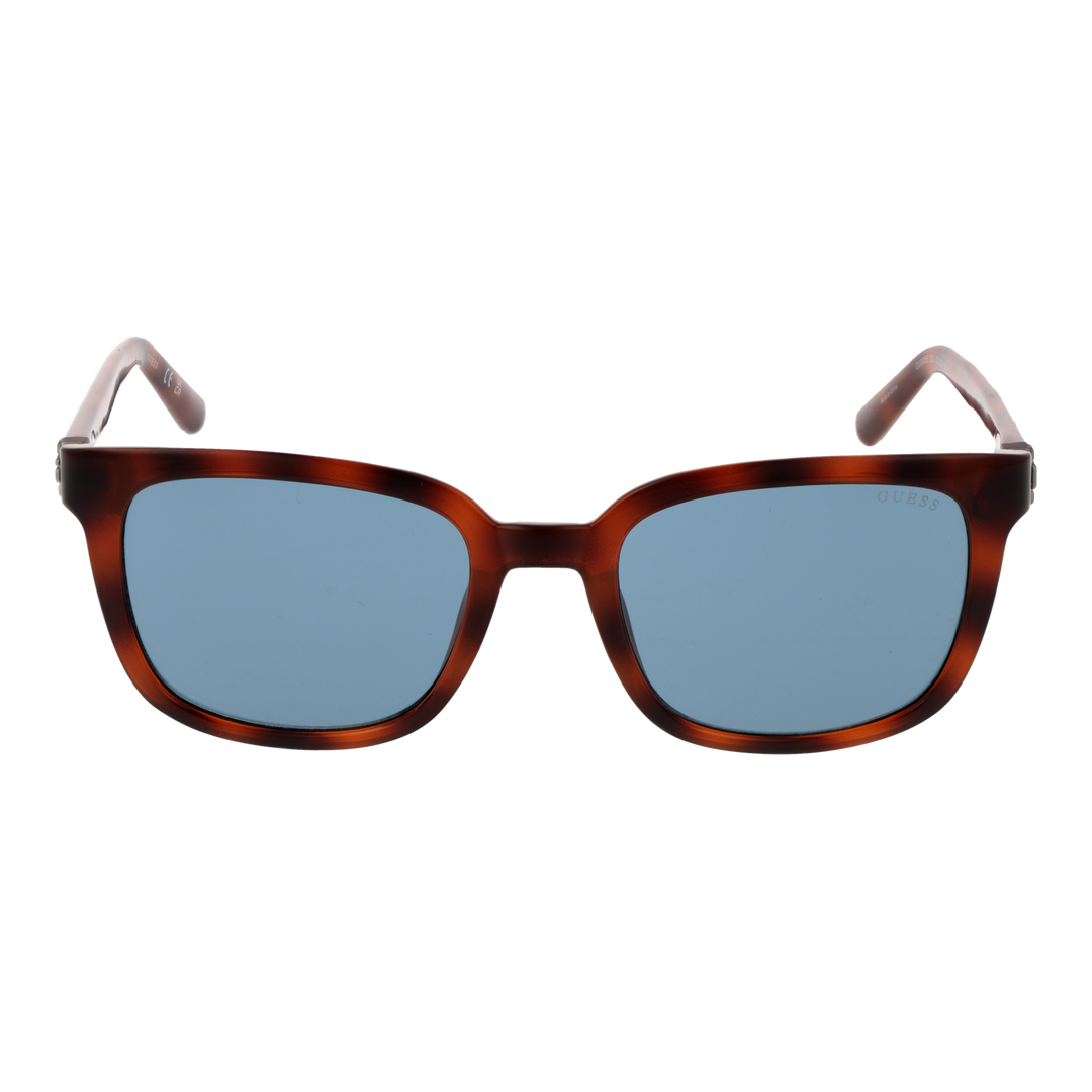 Tortoise brown plastic square sunglasses with blue lenses and metal logo on temples, Unisex