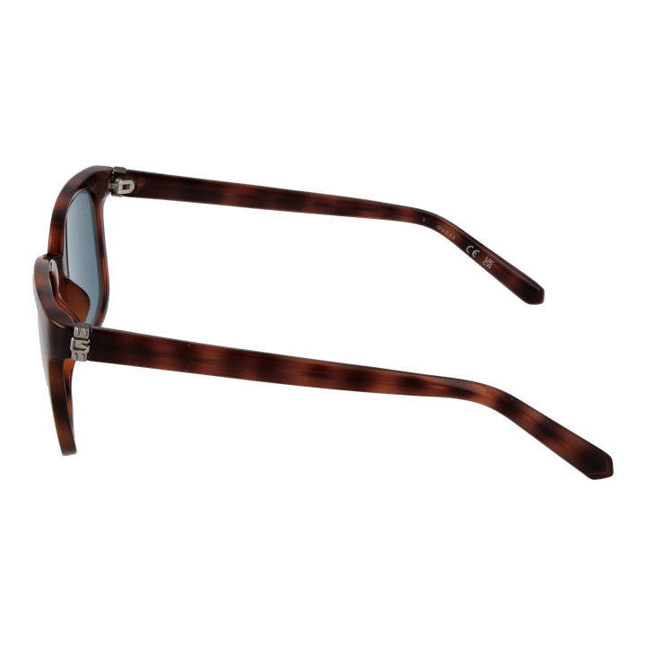 Tortoise brown plastic square sunglasses with blue lenses and metal logo on temples, Unisex