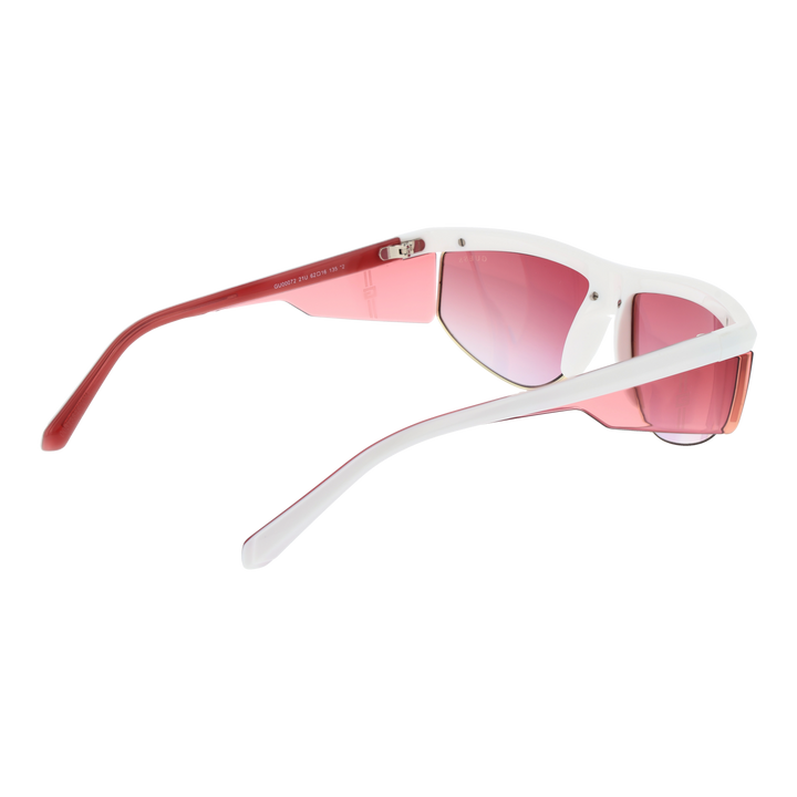 White and pink plastic sporty sunglasses with gradient lenses, gold logo on lens and side, side shields