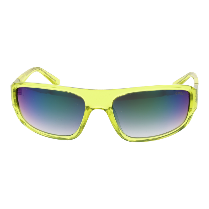 Unisex transparent yellow-green plastic sunglasses with rectangular purple-to-blue gradient lenses and logo on temples