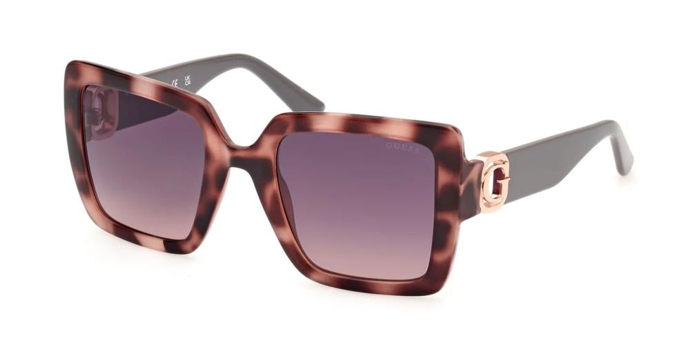 Brown tortoiseshell oversized square sunglasses, purple gradient lenses, gray arms, gold G logo on temples