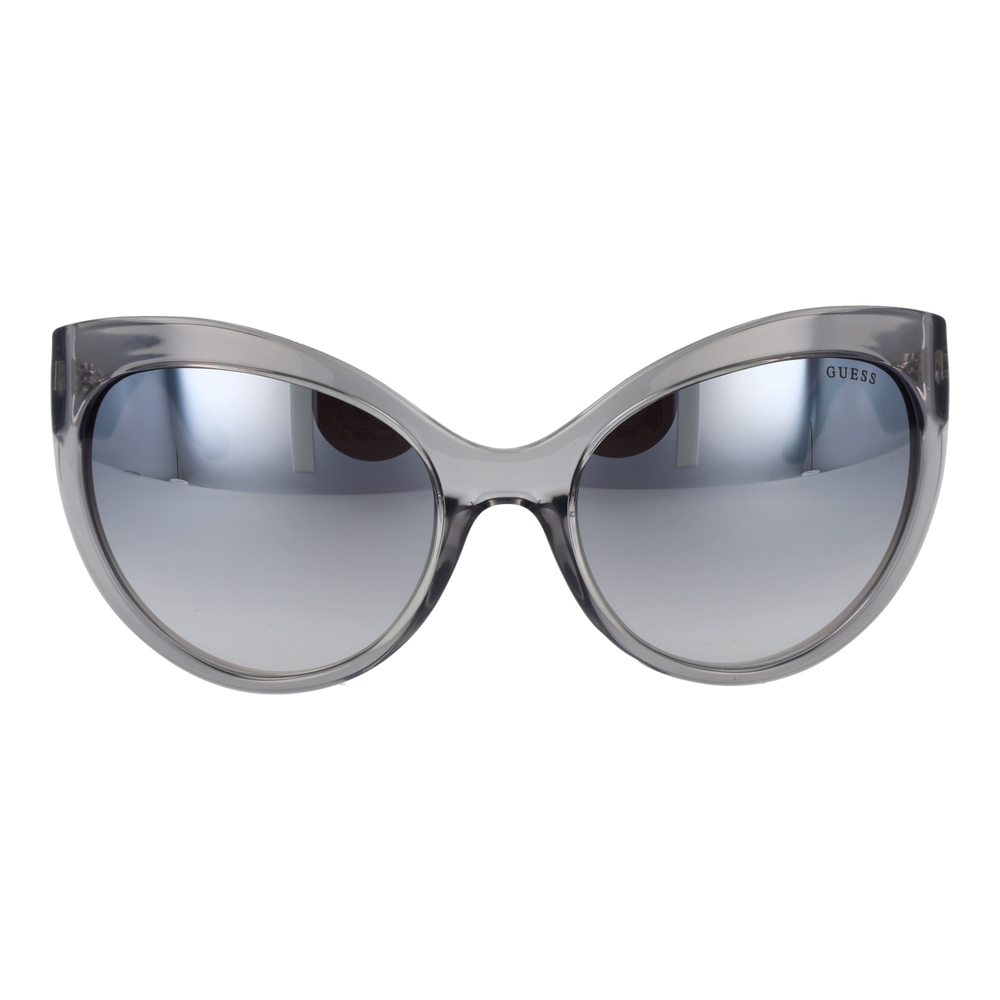 Gray cat-eye sunglasses on neutral background showing embossed temples and gradient lenses