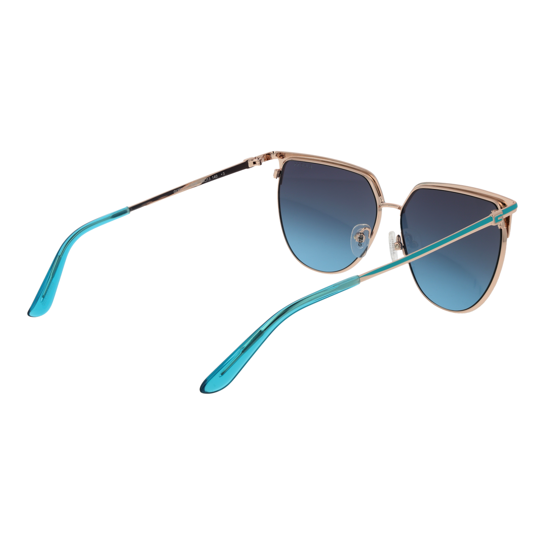 Gold metal aviator sunglasses with turquoise-blue accents and gradient lenses on white background