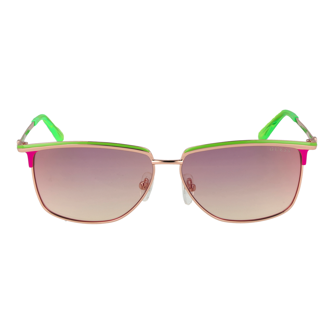 Rose gold thin metal aviator sunglasses with gradient pink-green lenses and colored temple tips on white