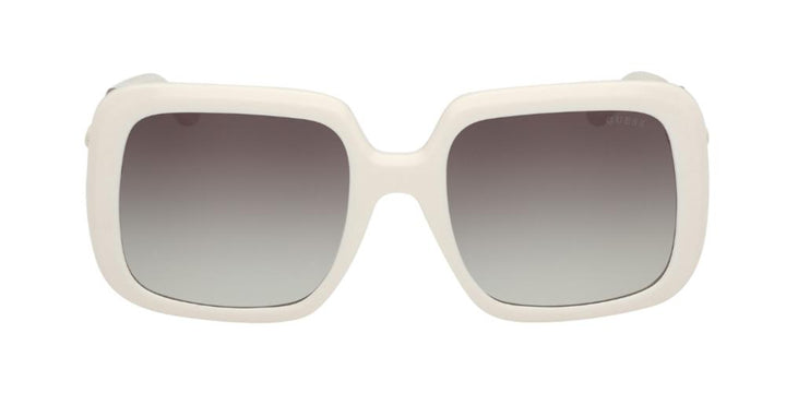 White oversized square sunglasses with gradient lenses and decorative chain-link temples on light background