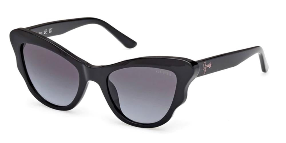 Black and red cat-eye sunglasses with gradient lenses, logo on temple, leather case and cleaning cloth