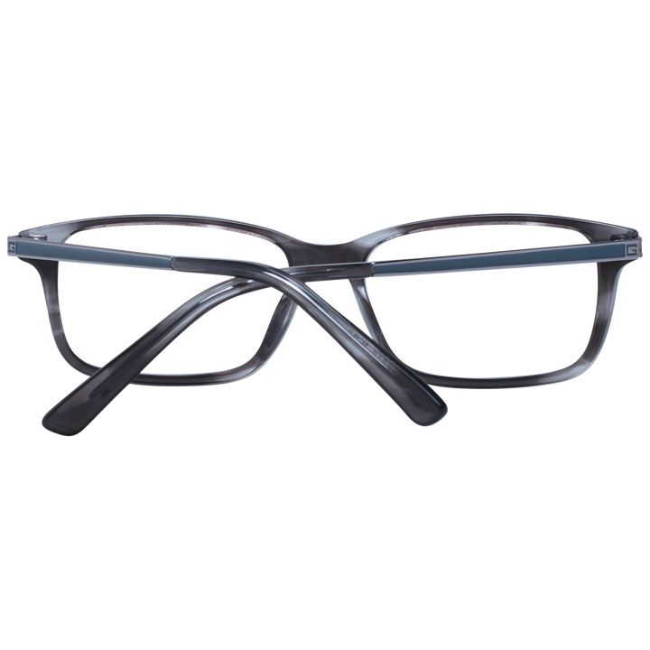 Unisex transparent rectangular eyeglasses with gray plastic frame and metal temples featuring logo detail