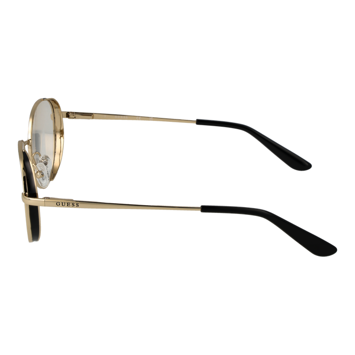Unisex gold metal round eyeglasses with thin frame and black temple tips, front view on white background.