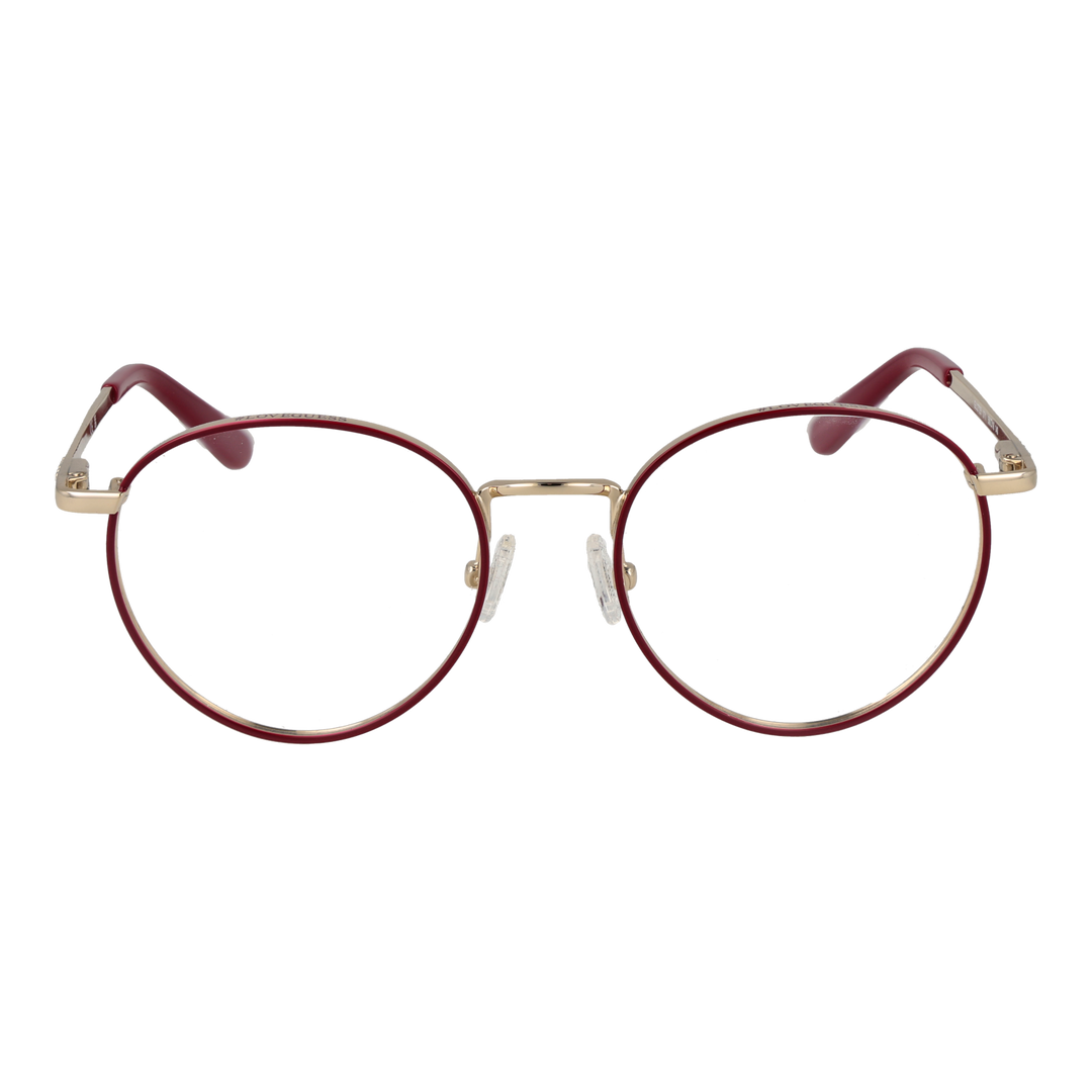 Unisex round eyeglasses in gold metal with red accents, thin frame, adjustable nose pads, and temple tips