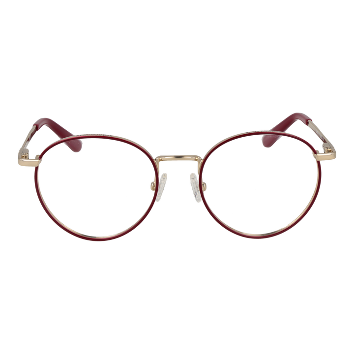 Unisex round eyeglasses in gold metal with red accents, thin frame, adjustable nose pads, and temple tips