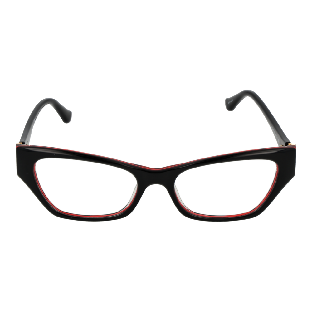Black and red cat-eye eyeglasses in plastic with gold temples and logo emblem, front three-quarter view
