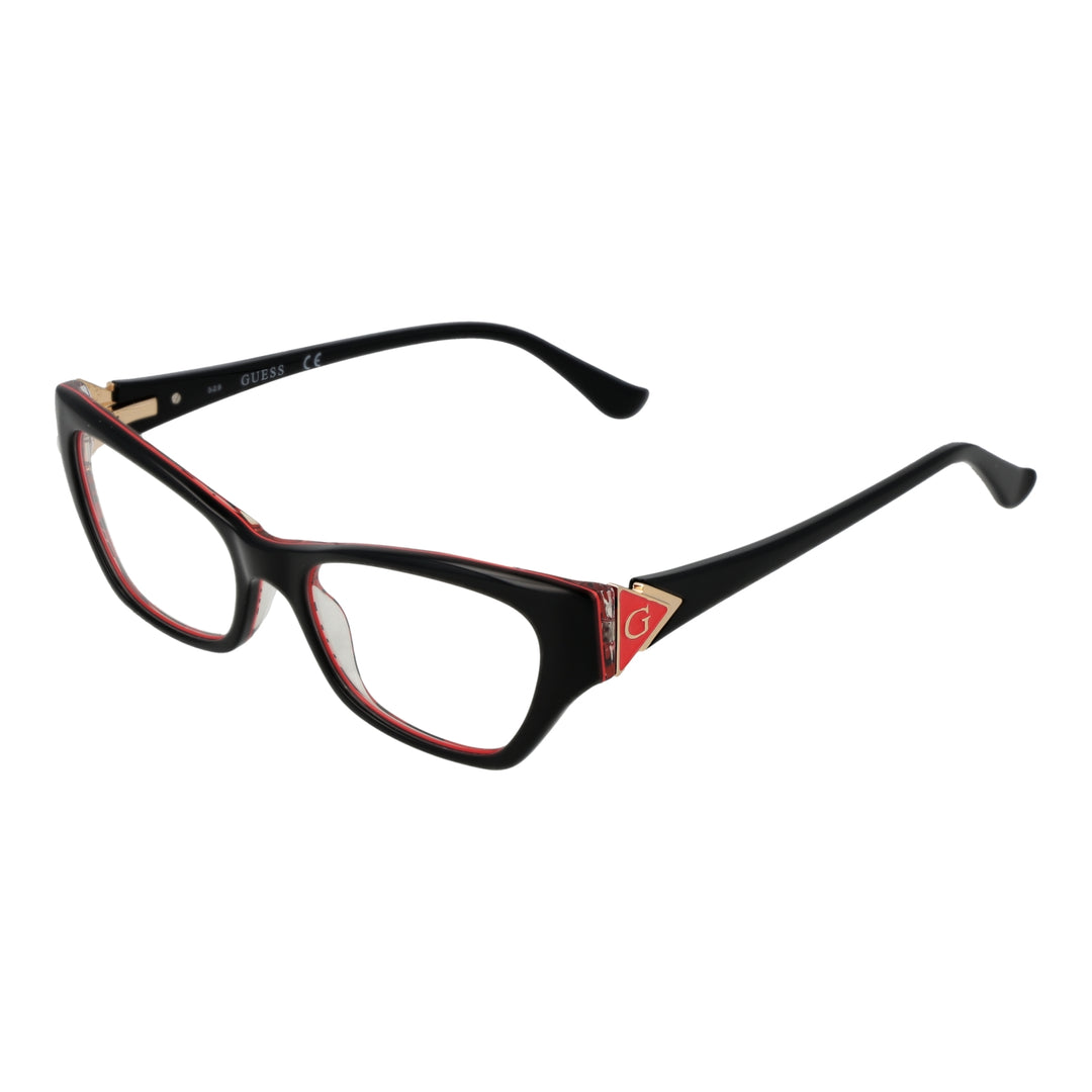 Black and red cat-eye eyeglasses in plastic with gold temples and logo emblem, front three-quarter view