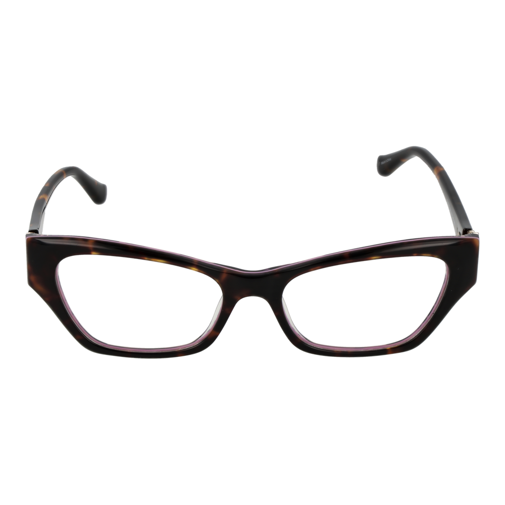 Tortoise shell cat-eye eyeglasses for Women with purple accents and triangular metal temple logo