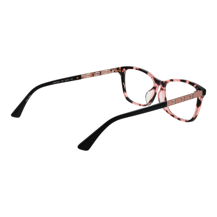 Pink and black tortoiseshell full-rim rectangular eyeglasses with rose-gold metal temple accents displayed front angle
