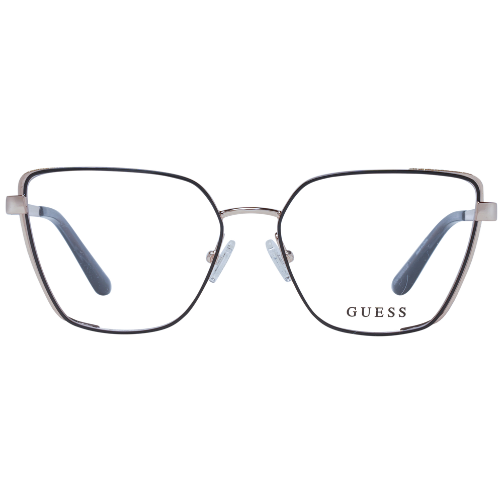 Rose gold and black thin metal square eyeglasses with adjustable nose pads and logo temples on white background