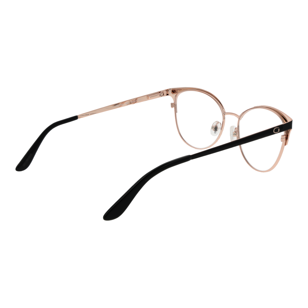 Black and rose gold metal cat-eye eyeglasses with adjustable nose pads and black plastic temple tips