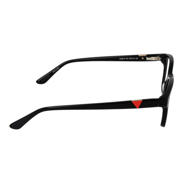 Unisex black full-rim rectangular eyeglasses with red triangular detail on temples, modern plastic frame