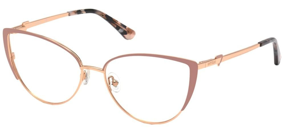 Rose gold metal cat-eye eyeglasses with tortoiseshell temple tips, thin frame, adjustable nose pads, front view