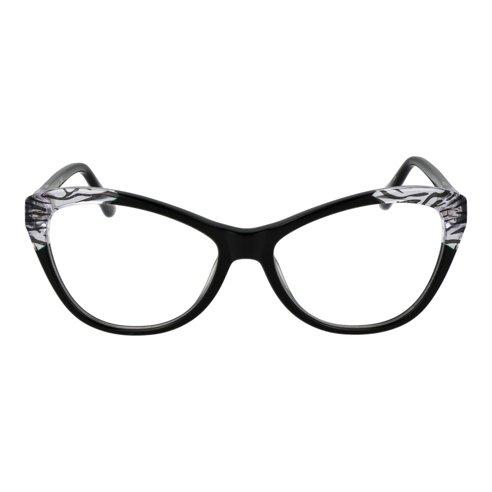 Black and transparent cat-eye eyeglasses with zebra print accents on upper frame for Women, plastic construction