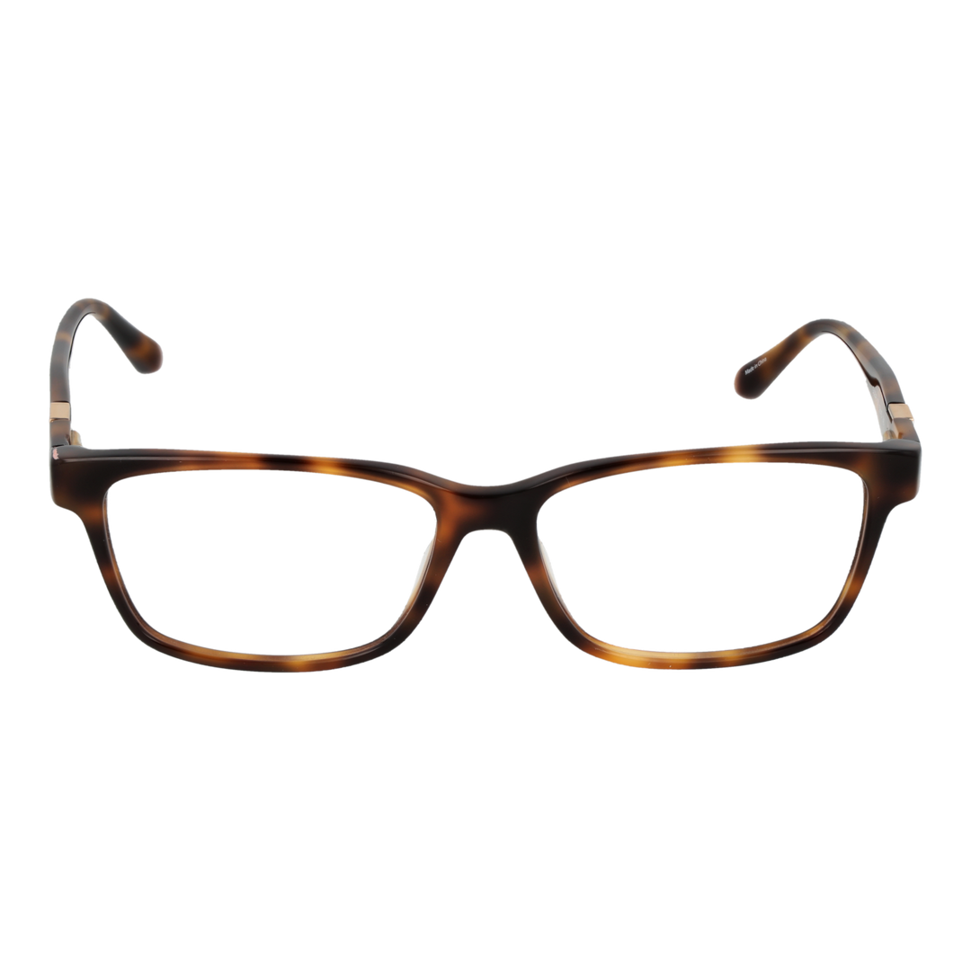 Tortoise brown full-rim rectangular eyeglasses in plastic with gold triangular temple logos, front three-quarter view