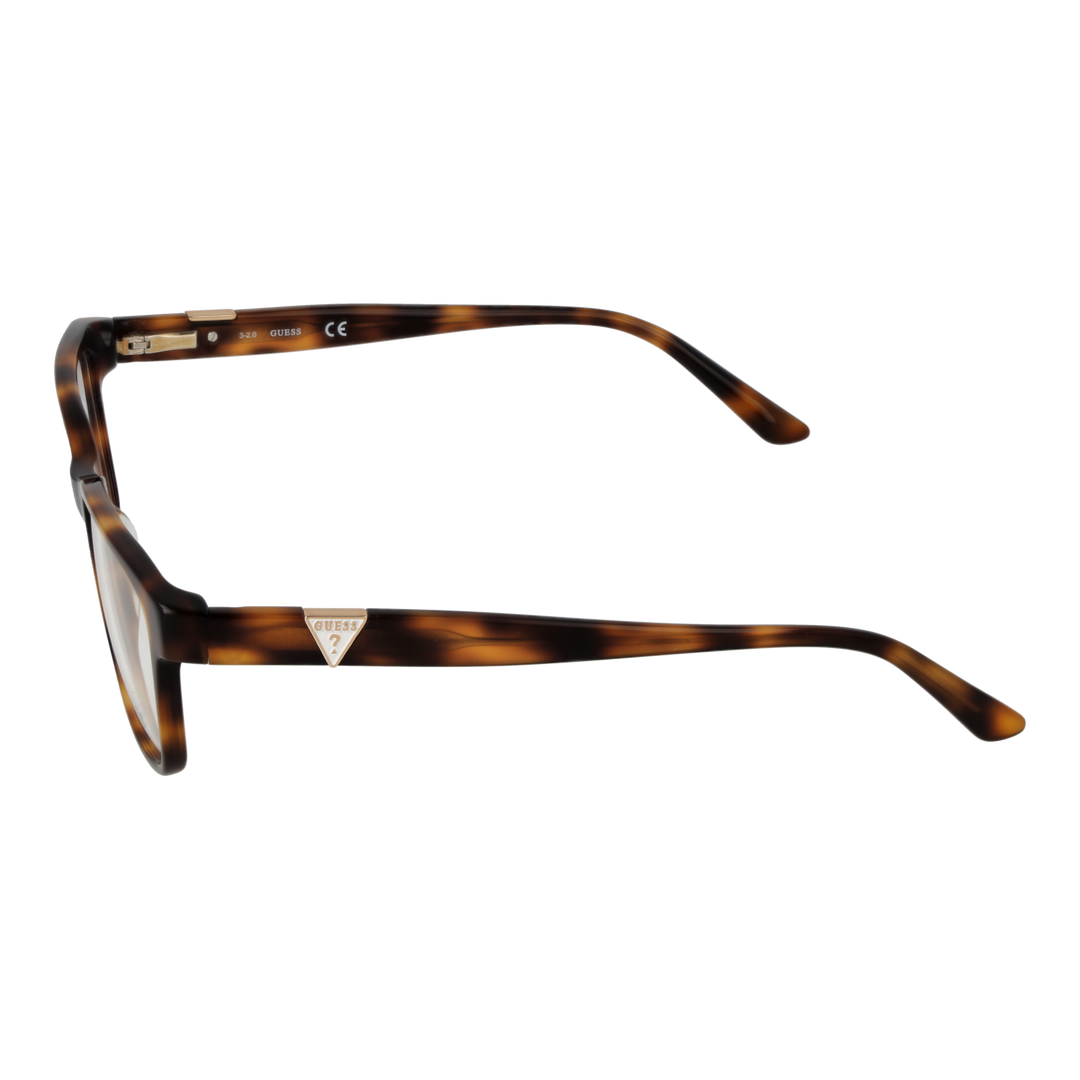 Tortoise brown full-rim rectangular eyeglasses in plastic with gold triangular temple logos, front three-quarter view