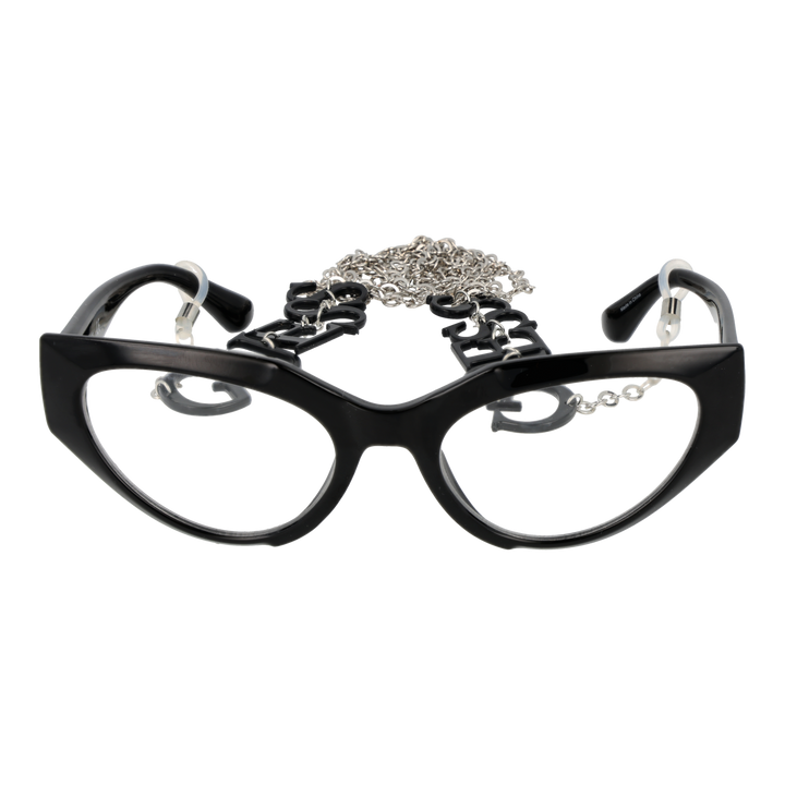 Black cat-eye eyeglasses with plastic frame and metal lettered chain draped against neutral background