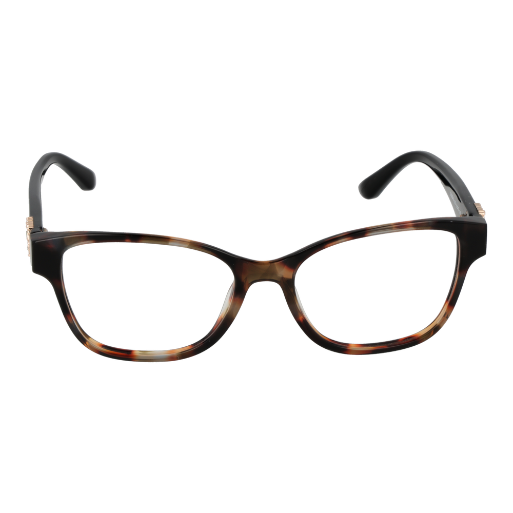 Tortoiseshell rectangular eyeglasses with black temples and metal emblem, modern fashionable Women’s frame.