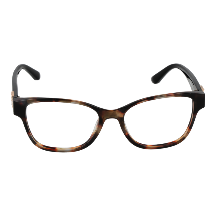 Tortoiseshell rectangular eyeglasses with black temples and metal emblem, modern fashionable Women’s frame.