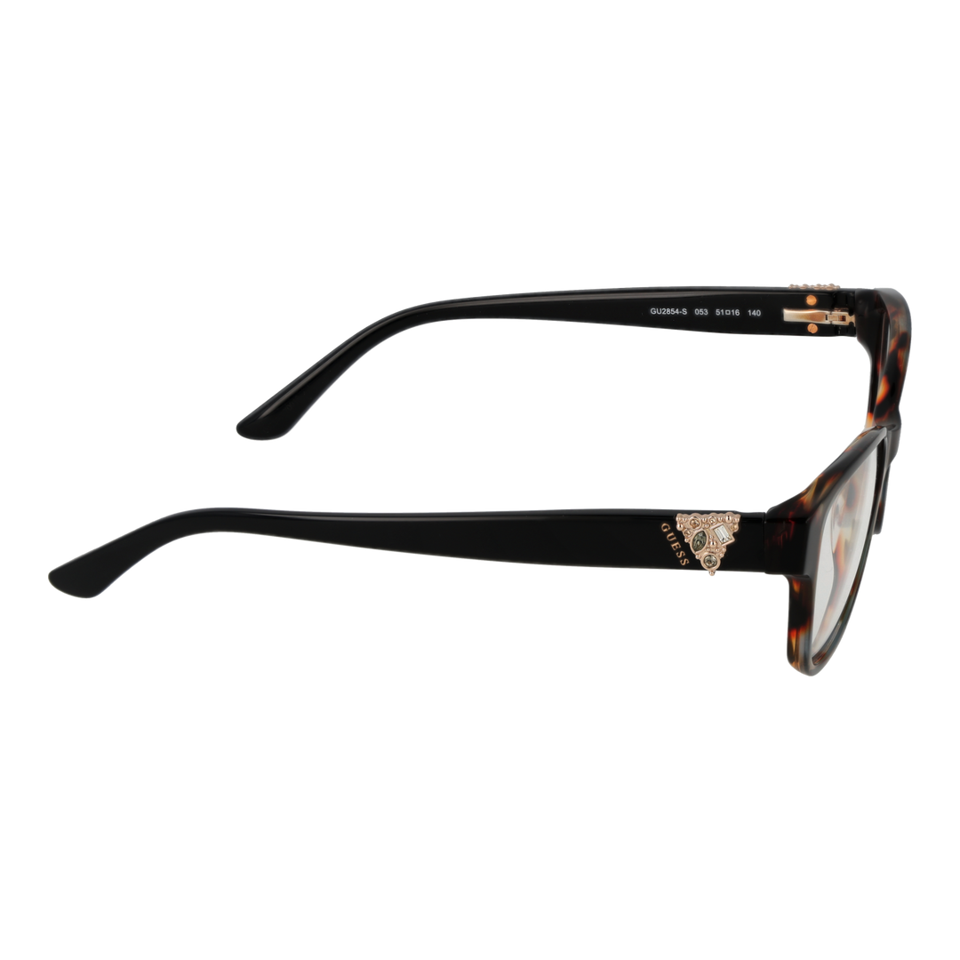 Tortoiseshell rectangular eyeglasses with black temples and metal emblem, modern fashionable Women’s frame.