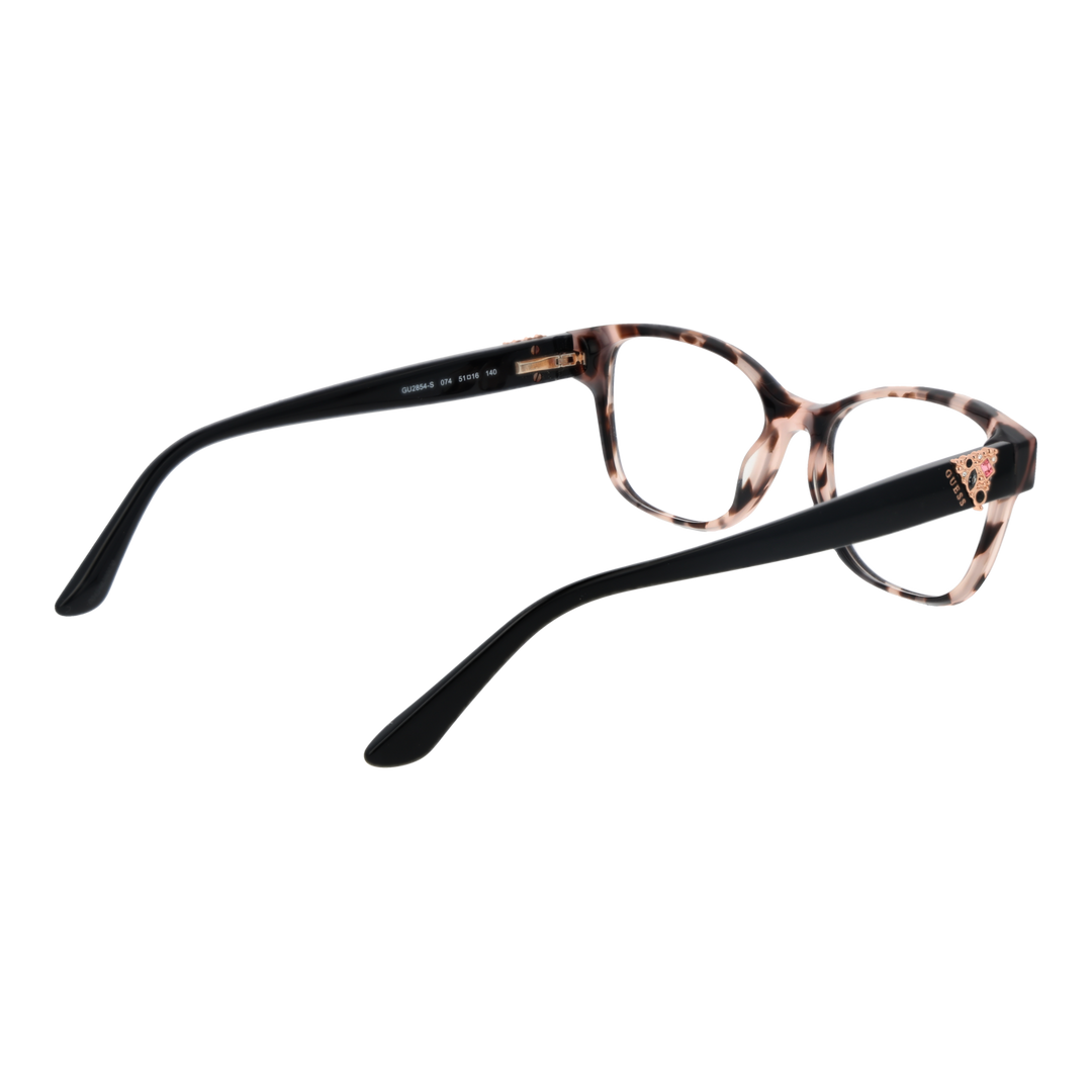 Tortoise shell rectangular eyeglasses with black temples and gold-pink decorative embellishments