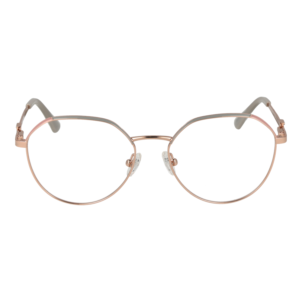 Rose gold thin metal round eyeglasses on beige background, adjustable nose pads, modern minimalist frame