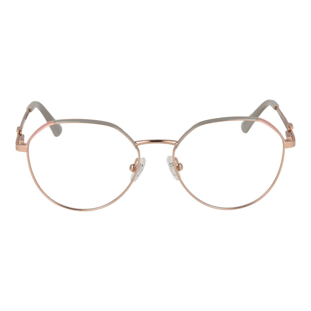 Rose gold thin metal round eyeglasses on beige background, adjustable nose pads, modern minimalist frame