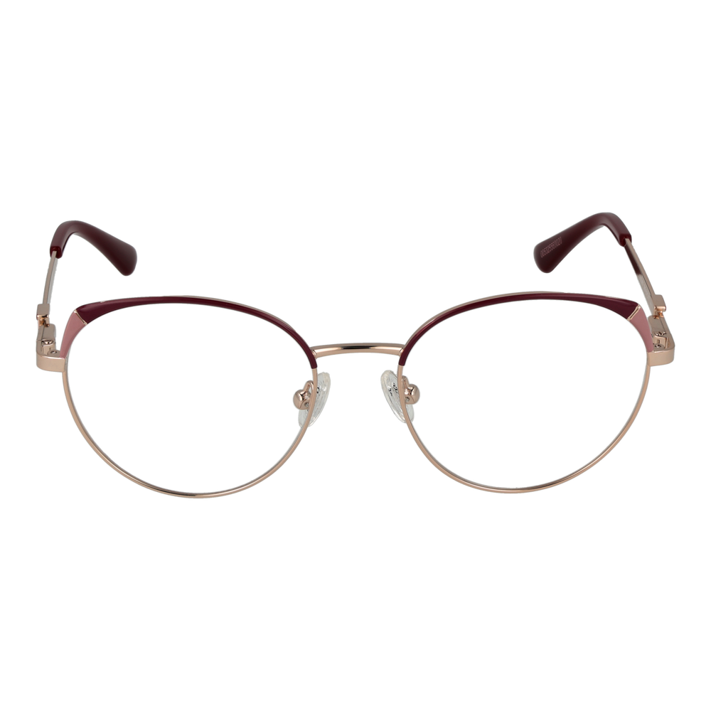 Gold thin metal round eyeglasses with burgundy temple tips and decorative hinge detail, front view
