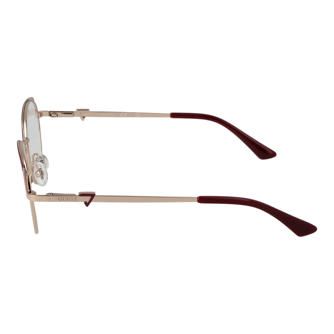 Gold thin metal round eyeglasses with burgundy temple tips and decorative hinge detail, front view