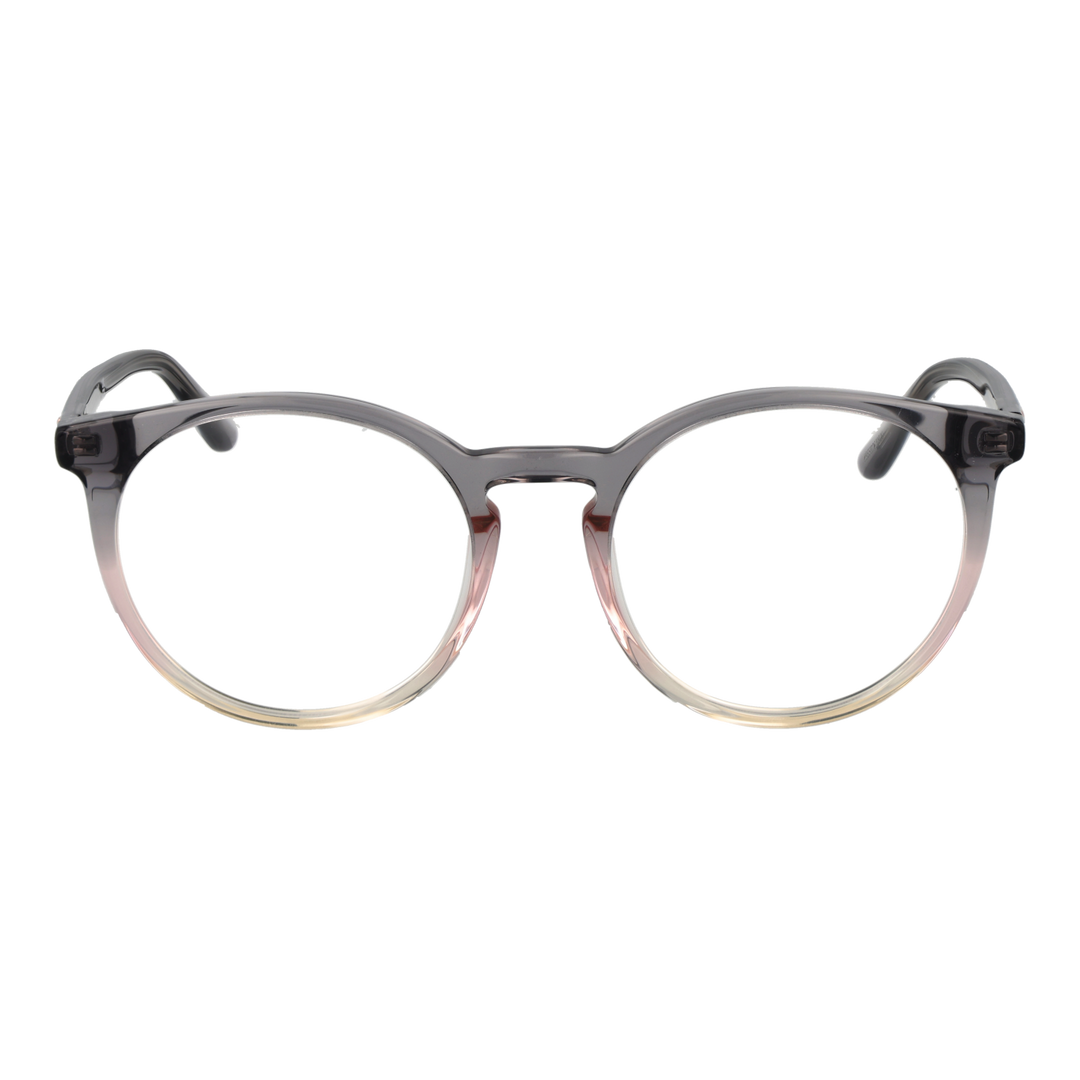 Transparent gray-pink-beige round eyeglasses in gradient plastic frame on white background