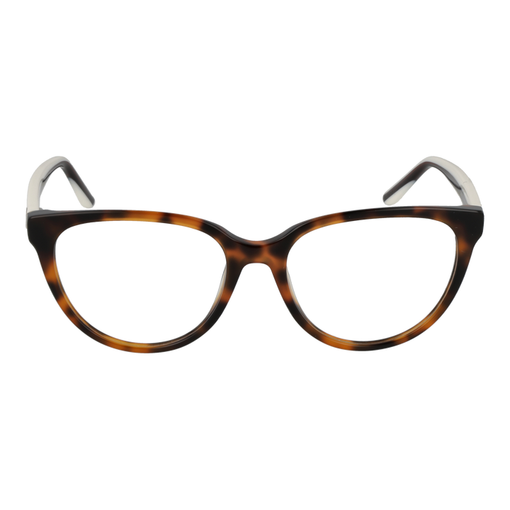 Two-tone tortoise shell brown and white round eyeglasses with gold emblem on temples, plastic frame