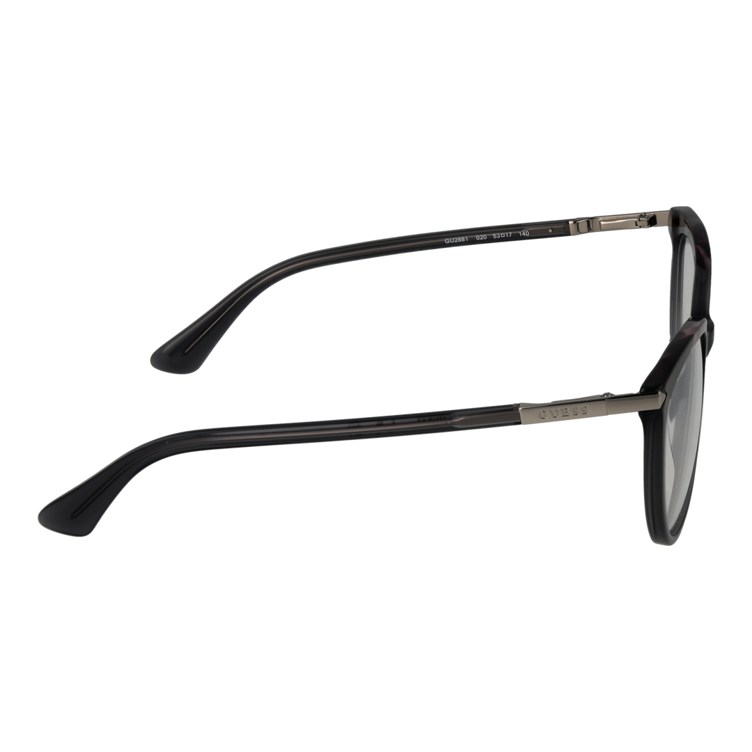 Black tortoiseshell round eyeglasses with metal temple accents and engraved brand detail
