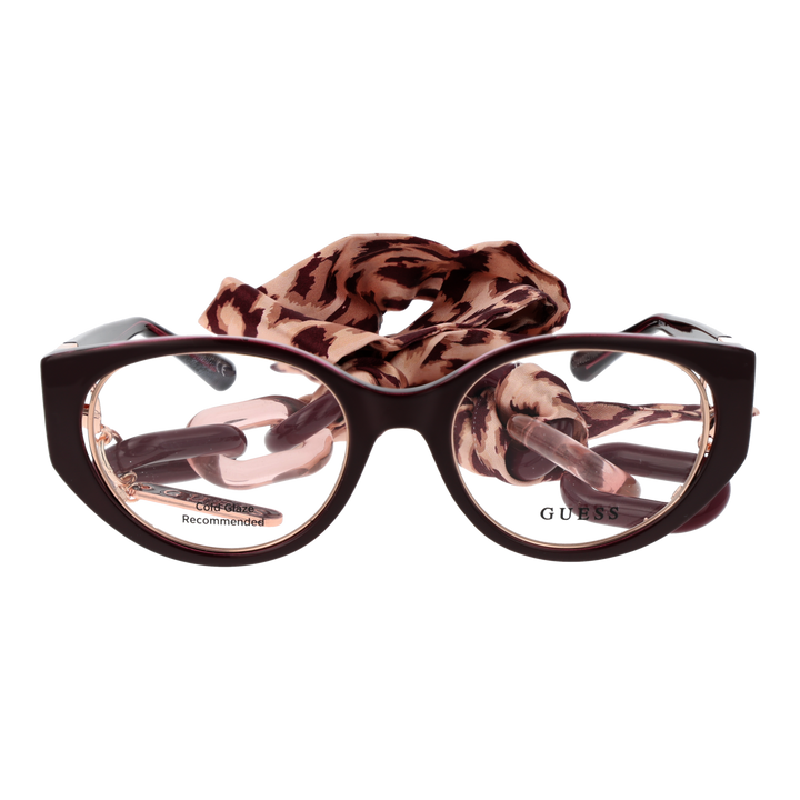 Dark burgundy cat-eye eyeglasses with rose-gold temples, chain detail, beige patterned attached scarf