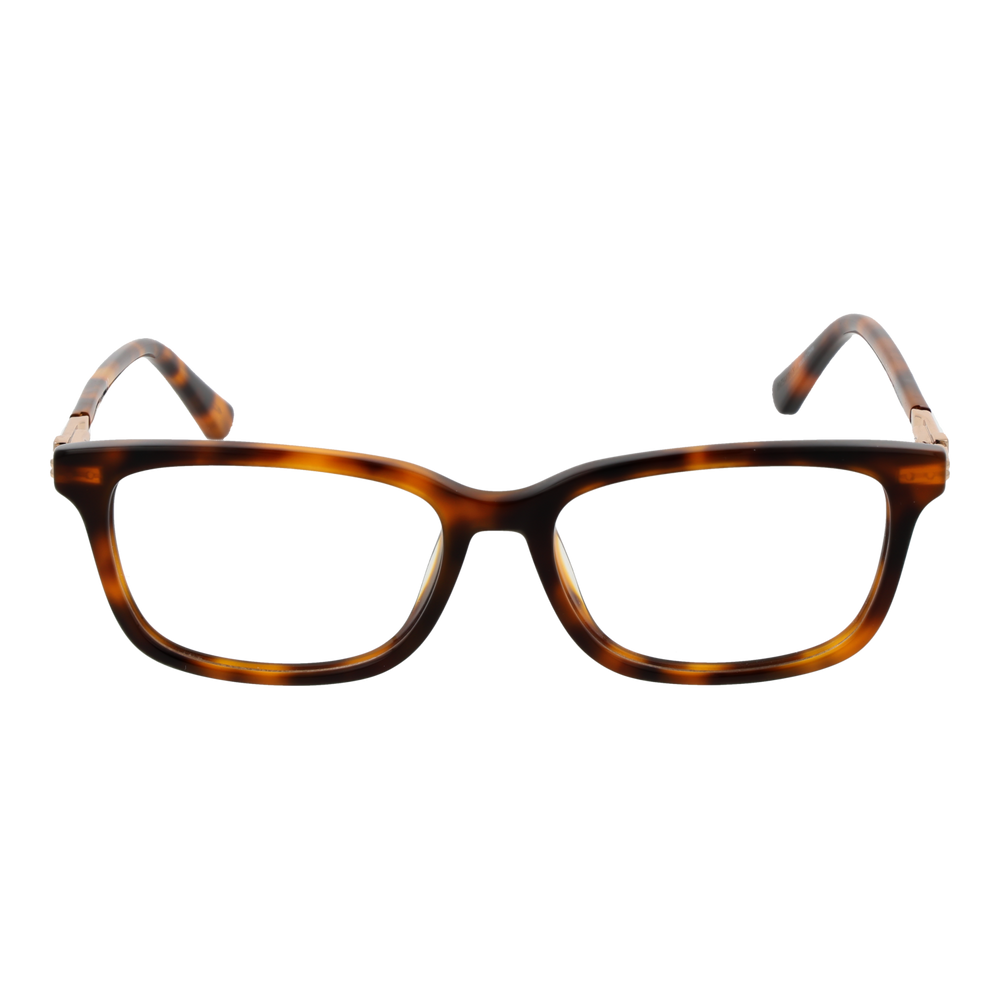 Unisex tortoise brown rectangular eyeglasses with plastic frame and metal hinge accents, front view on white