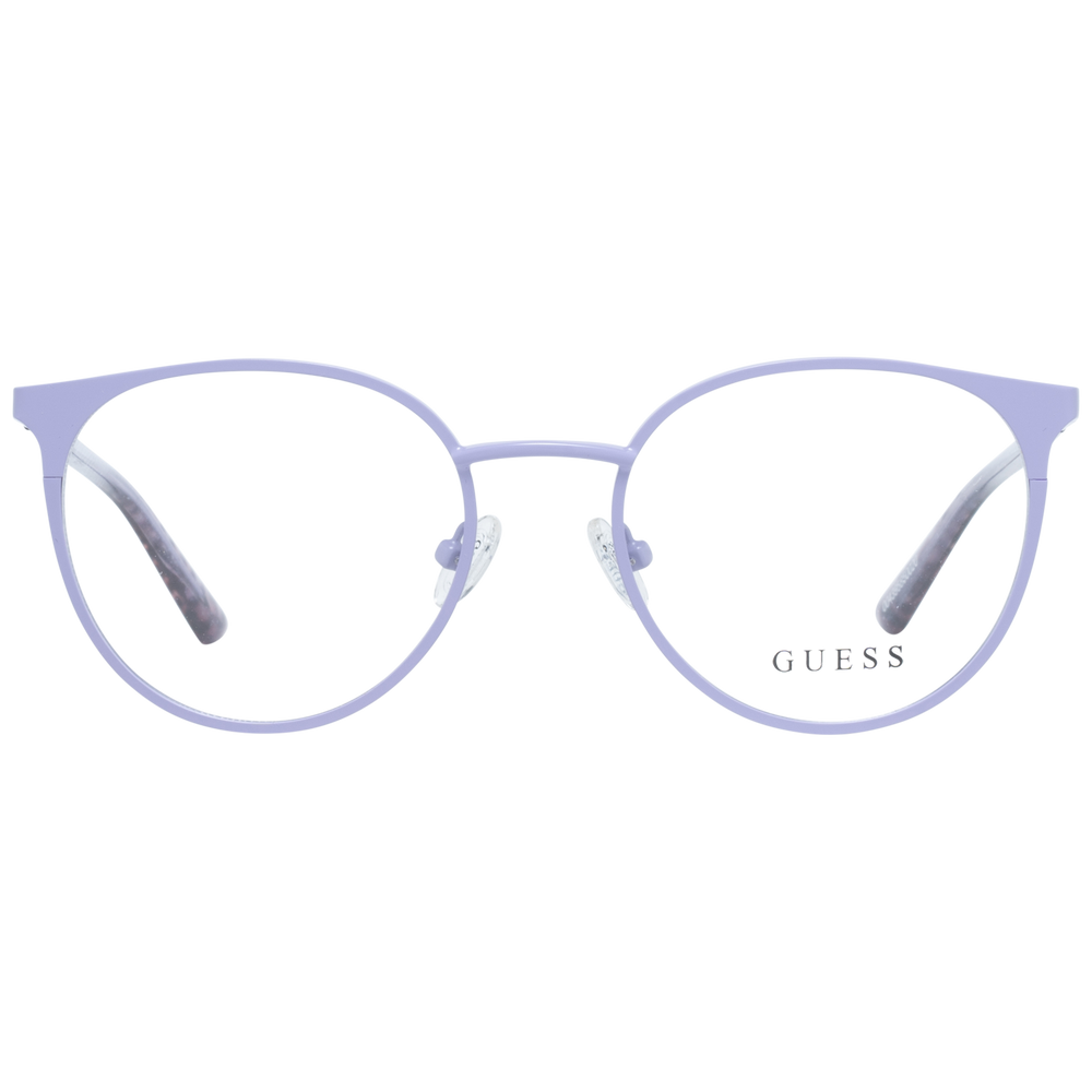 Light purple metal round eyeglasses with thin frame and patterned temple tips on neutral background