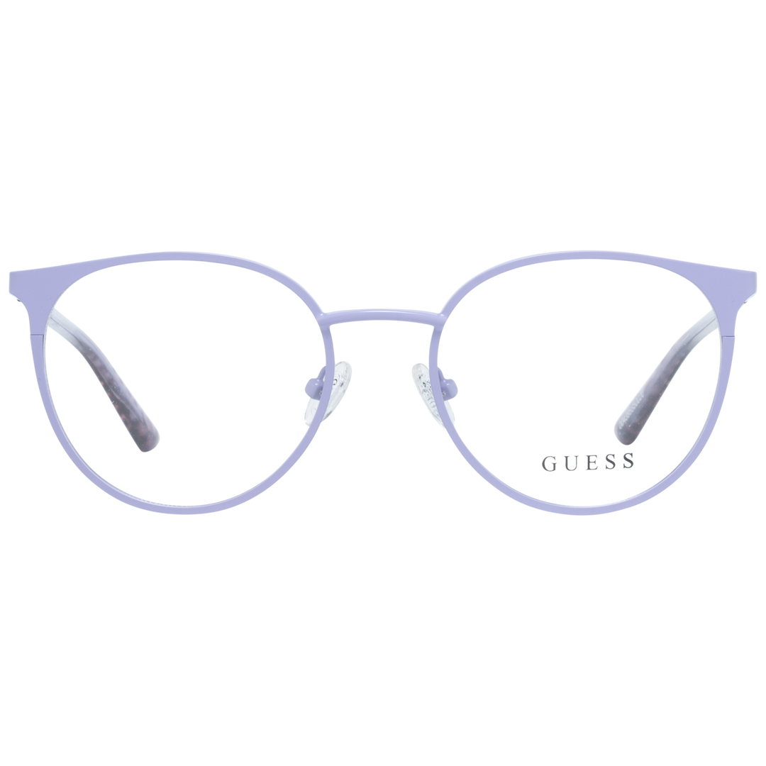 Light purple metal round eyeglasses with thin frame and patterned temple tips on neutral background