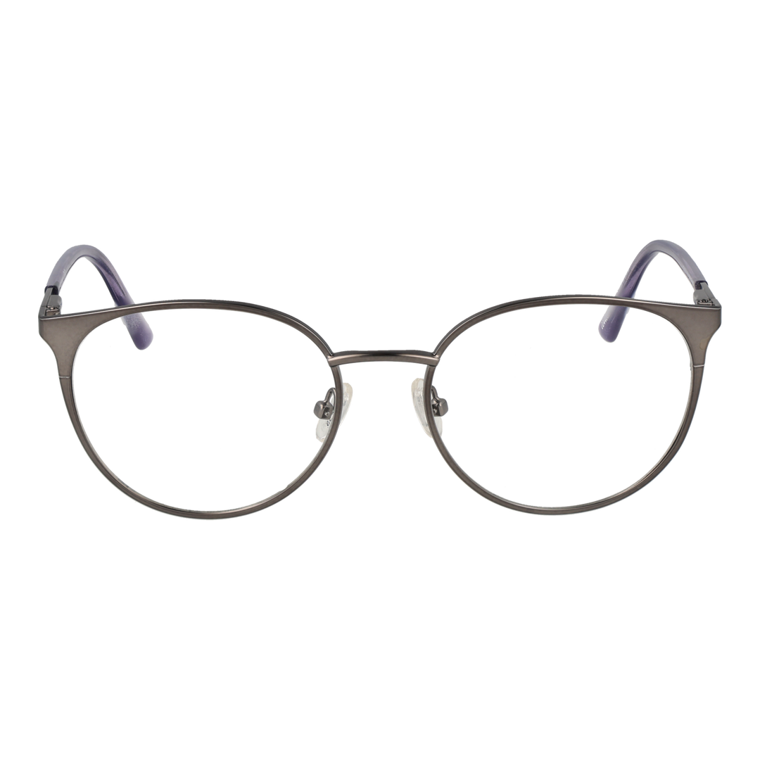 Gray-purple thin metal round eyeglasses for Women with adjustable nose pads on neutral background