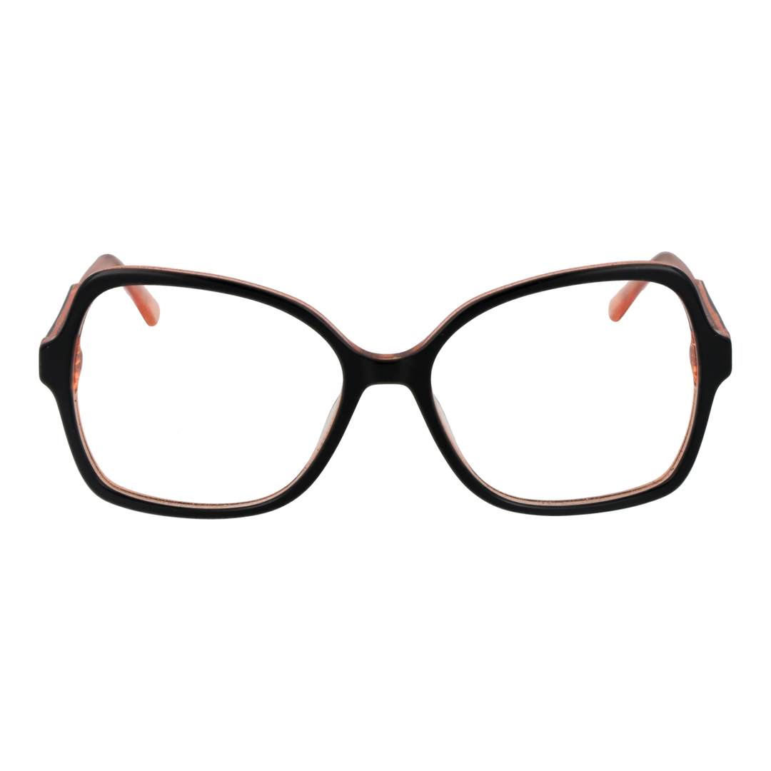 Black and translucent pink two-tone square eyeglasses, plastic frame, logo on temple, modern styling for Women