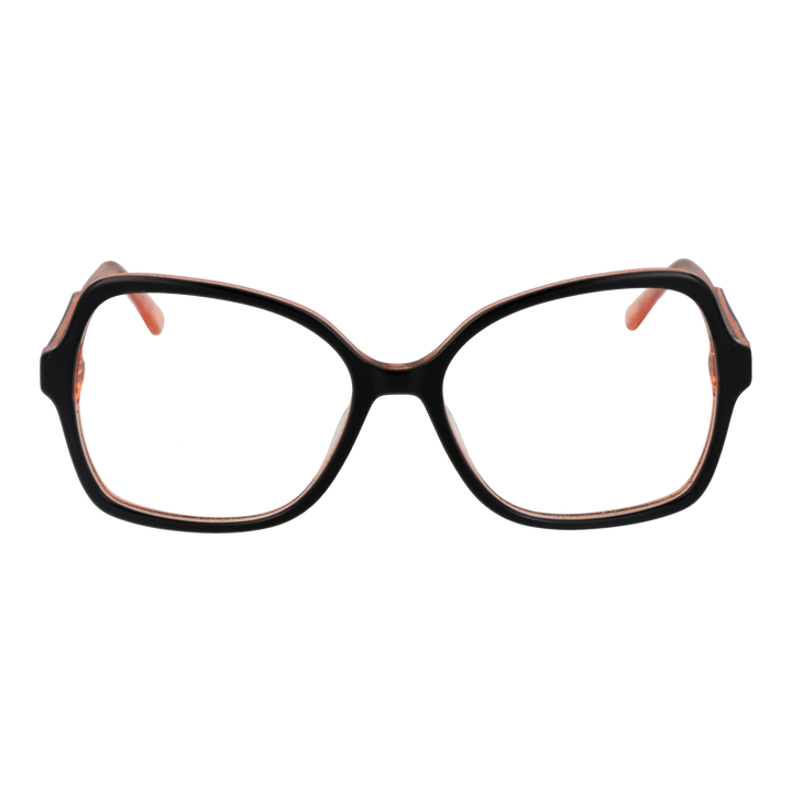 Black and translucent pink two-tone square eyeglasses, plastic frame, logo on temple, modern styling for Women