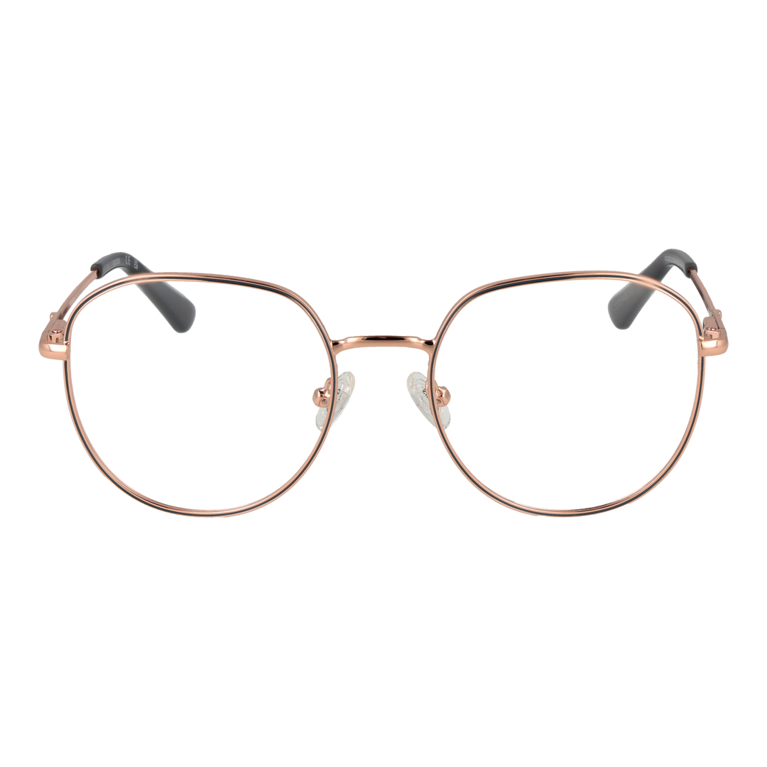 Unisex rose gold round metal eyeglasses with black temple tips and clear lenses, thin frame, adjustable nose pads.
