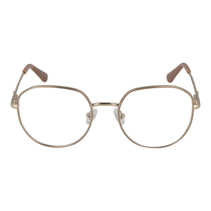 Unisex gold metal rounded-square eyeglasses with thin temples and adjustable nose pads on white background