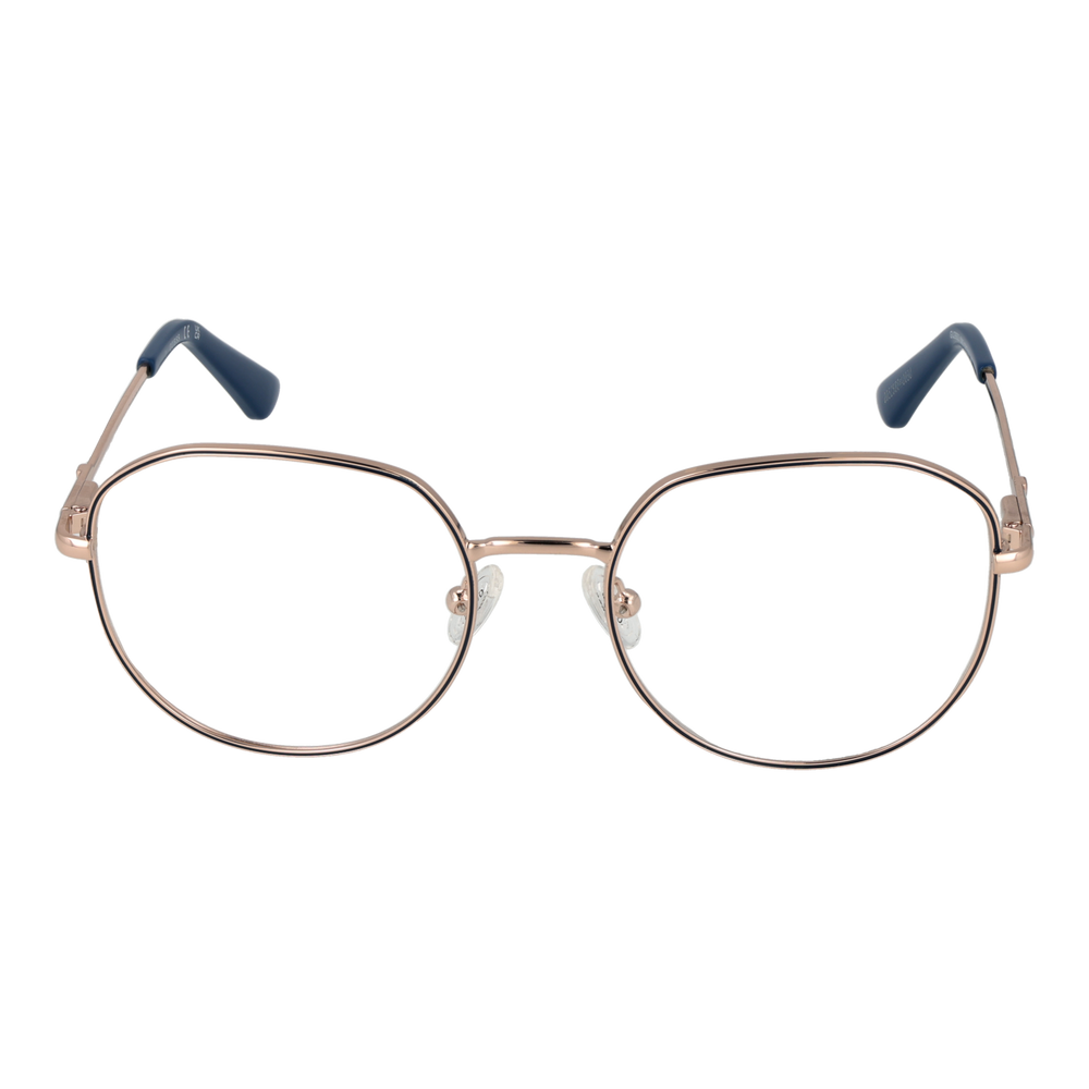 Rose gold metal eyeglasses with rounded square lenses and navy accents on thin temples, Unisex frame