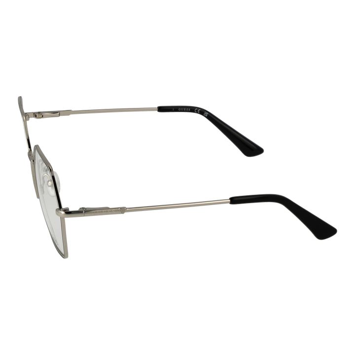 Unisex silver hexagonal metal eyeglasses with thin temples and black temple tips on white background