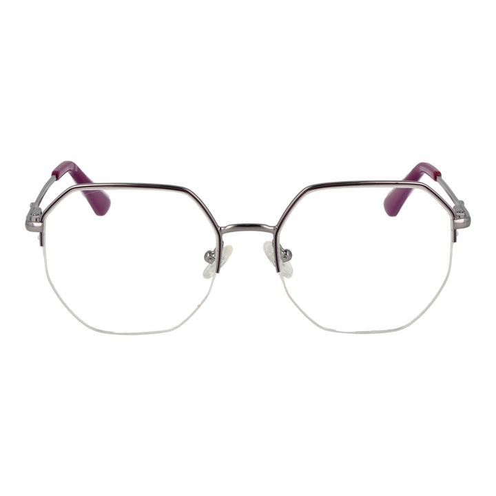 Unisex silver octagonal eyeglasses with purple accents, thin metal temples and plastic temple tips, front three-quarter view